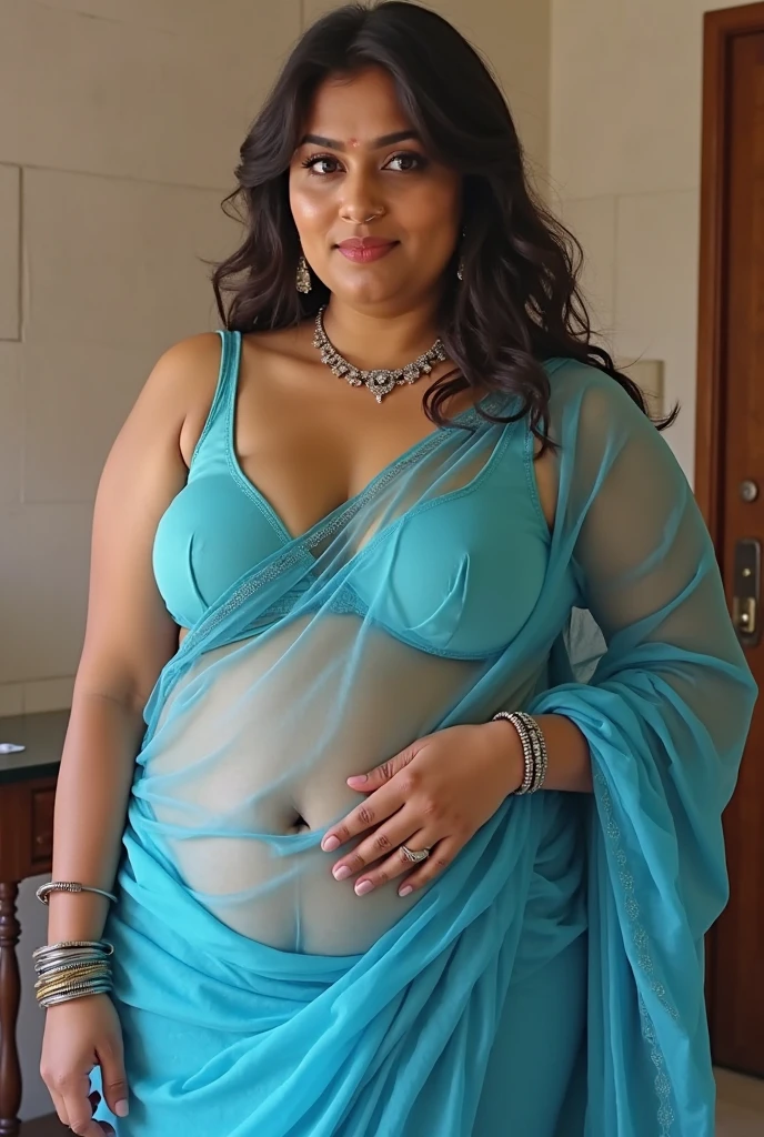 indian 45-year-old aunty,sunny leone,plus size and a kissing her navel,wearing a rose flower printed blue chiffon short blouse and short petticoat,deep navel exposed,