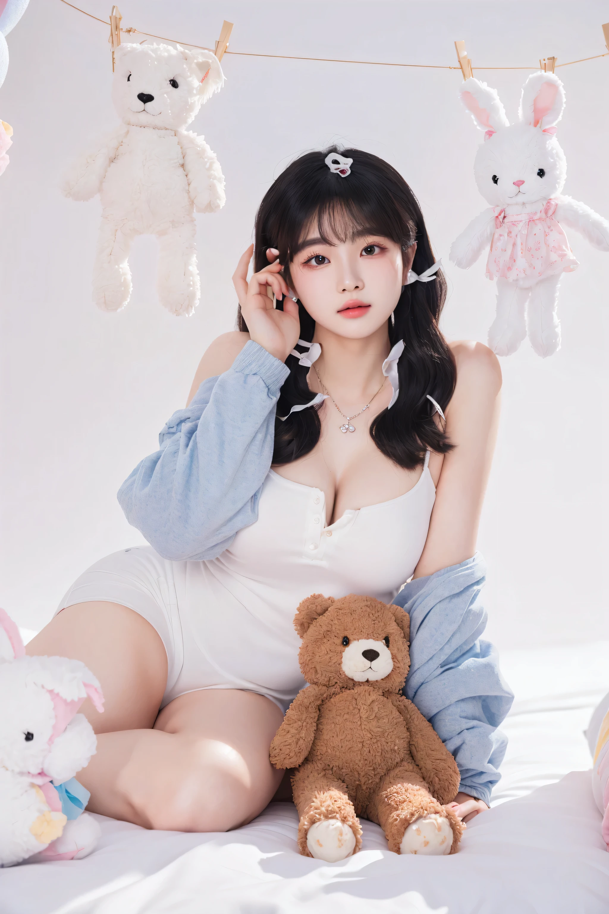 Close up sleeping white pale Chinese women wear transparent black pajamas, nude big boobs, black teddy bear , black background, high details