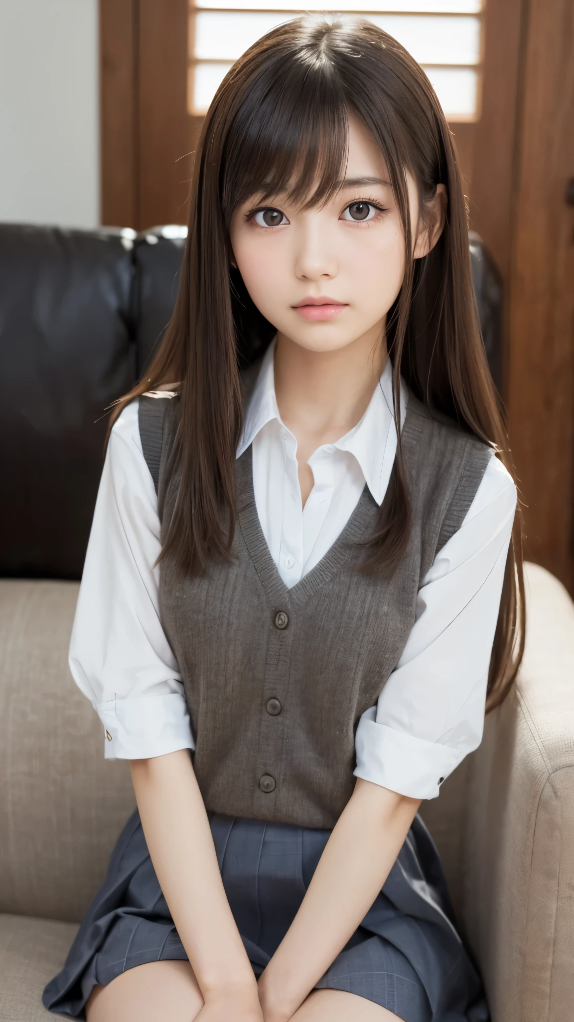highest quality、4k、8k、High resolution:1.2)、Super detailed、(genuine:1.37)、(HDR:1.1)、(Hmm:1.1)、(studio lighting:1.1)、(very detailed explanation:1.1)、 (Professional:1.1)、(bright colors:1.1)、(Bokeh:1.1)、innocence、11 year old baby girl、detailed eyes and face、beautiful and detailed eyes、Dense and beautiful lips、brown vest、brown pleated hair、short hair、fluttering hair、innocenceな笑顔、Pose with movement、pale color palette、gentle sunlight、風にfluttering hair、school uniform、thighs、sitting with legs spread。