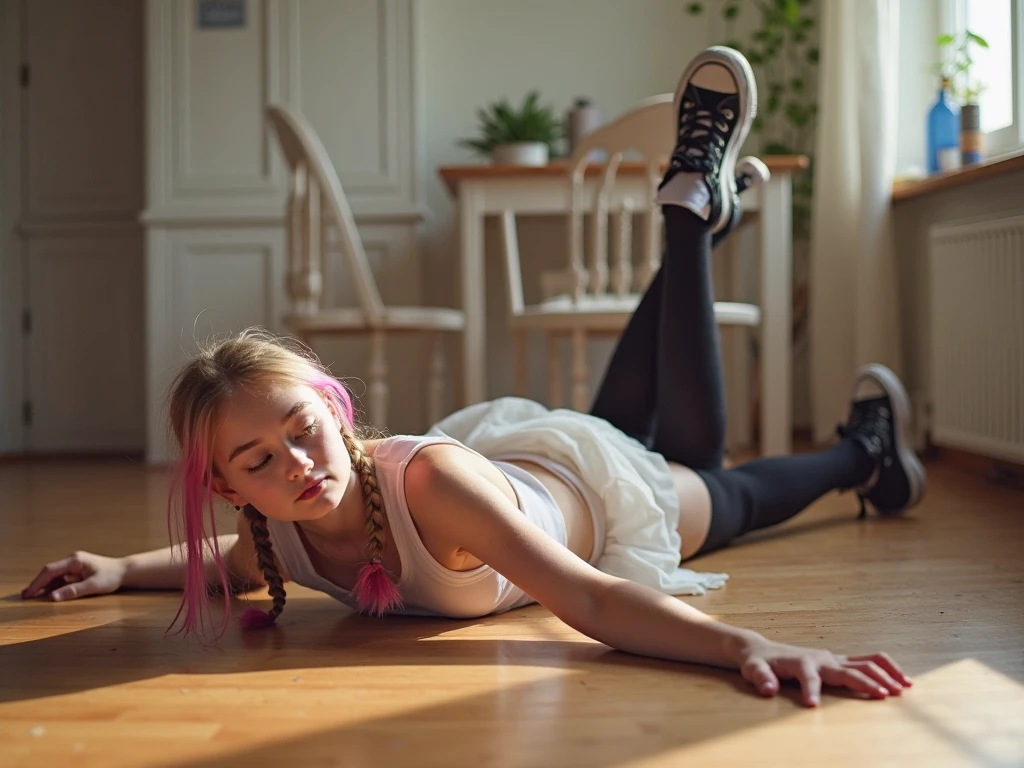 a profesional photo of  1 girl ,  <lora:Julia_Sarah_Stone_v2:0.7>  blonde hair, delicate face, slender body, big eyes, young girl, woman, small breasts, wearing  midi dress with ruffles, black tights, and platform sandals  in Baby blue color,   sitting with one leg crossed over the other and hands clasped, in willage ,  intricate details, ((best quality)), ((masterpiece)) ((vibrant colors)) ((dynamic lights)) bokeh, detailed background, detailed skin, detailed face, cowoby shot, full body, detailed cahracter, focus on character , vibrant colors,clear, detailed hands, perfect face,  <hypernet:sxzBloom_sxzBloom:0.6>  hotify fFaceDetail ,  <lora:add_detail:0.4>