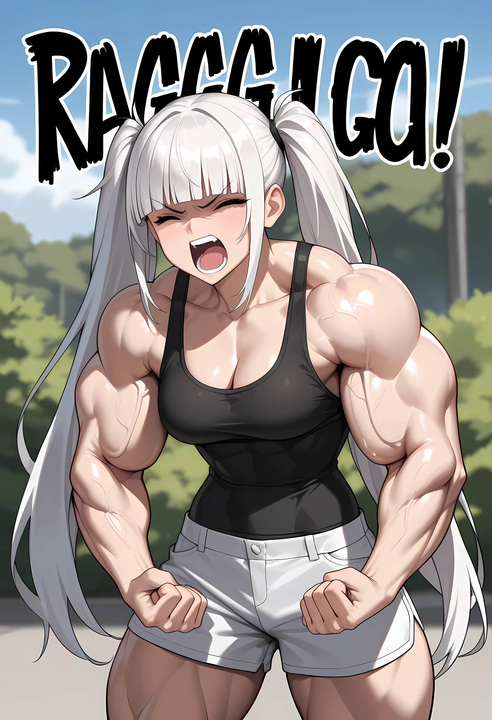 huge muscles girl huge breasts toned body black hair yellow eyes pale skin wavy hair messy hair upset hair between eyes tight shirt expressionless sad