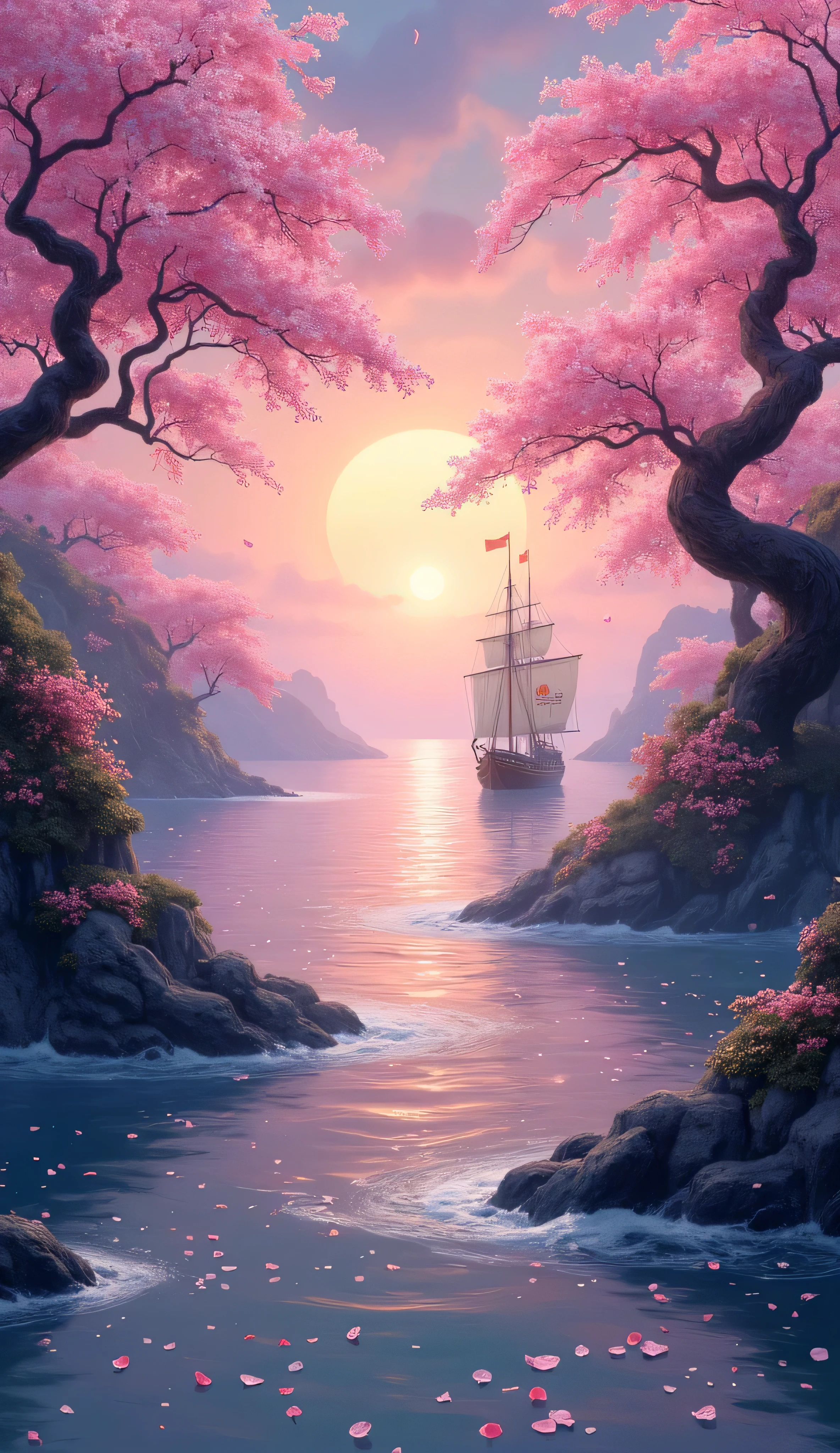 breathtaking fantasy seascape known as the 'Sakura Sea', vast ocean glows with a soft, ethereal pink hue, infused with the essence of cherry blossoms, gentle waves shimmer, twilight sky, reflecting the delicate petals that drift endlessly across the water, ancient sakura trees, twisted gnarled trunks emerge from small rocky islands, their branches heavy with blossoms that constantly shed into the sea, serene and mystical atmosphere, warm golden-pink sunset casting a dreamlike glow, lone ship sails through the enchanted waters, its sails adorned with cherry blossom motifs, tranquility, magic, fleeting beauty of nature