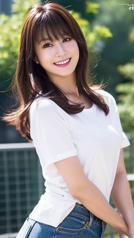 (8k、Highest quality、masterpiece、Ultra-high resolution、High resolution face:1.3)、Portrait、(20-year-old girl:1.3)、Bokeh Depth of Field、frontage、 The smile of a genius、Ultra-detailed、Ultra-high resolution、(Realistic、Realistic photos:1.37)、High-resolution RAW color photos、Professional photography、hVery detailed and beautiful、Very detailed、8k画像壁紙、Incredibly detailed、Large file size、Official Art、HVery detailed CG Unity 8k wallpapers、hVery detailed beautiful girl、Very detailed顔、Very detailed目、Very detailed皮膚、Very detailed指、hVery detailed nose、Very detailed詳細な口、Perfect Anatomy、HVery detailed clothing、1 girl、(18:1.2)、Teen、cute、Famous Japanese Idols、cute、Realistic body、、White skin、Glowing Skin、The body is slim、Handsome body、Brown haired、(Blunt bangs:1.2)、Classic wavy long hair、 (Hmph:1.3),Laughter、cute、Zola々right、cute faces、A vivid face、Delicate eyes、Source Order、White T-shirt、Skirt、Looking into the camera、Cowboy Shot、Along the River、Positive、Contrapo、public