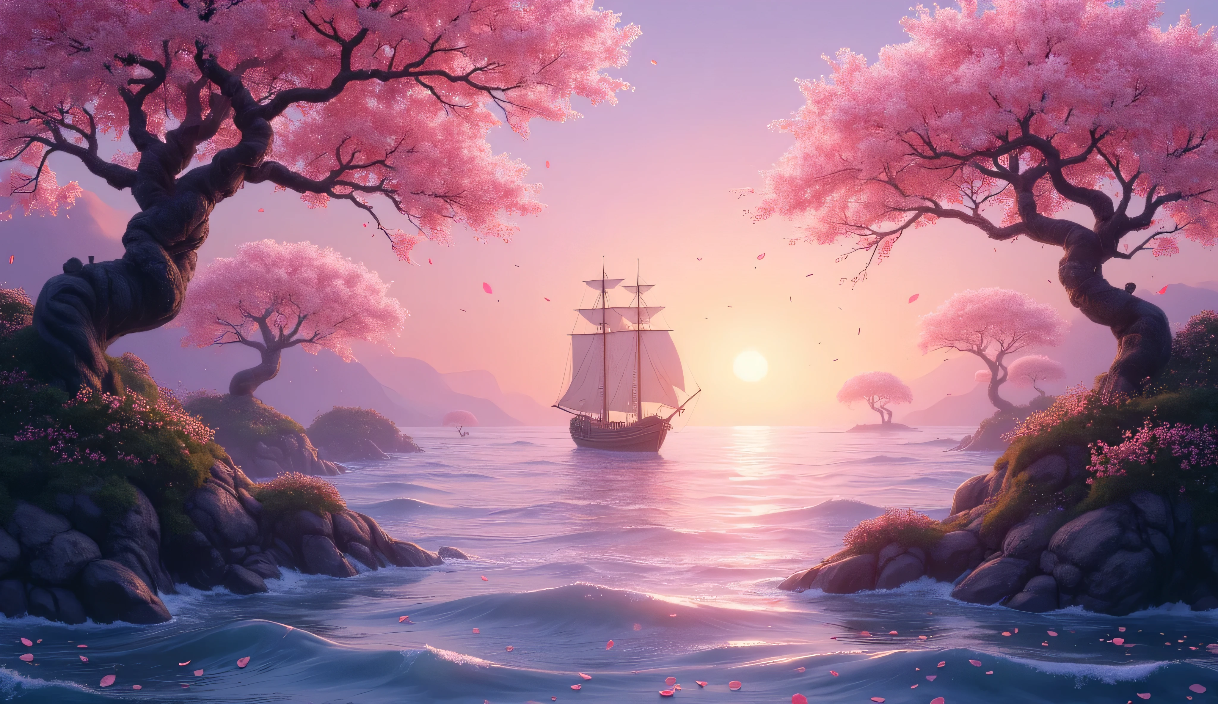 breathtaking fantasy seascape known as the 'Sakura Sea', vast ocean glows with a soft, ethereal pink hue, infused with the essence of cherry blossoms, gentle waves shimmer, twilight sky, reflecting the delicate petals that drift endlessly across the water, ancient sakura trees, twisted gnarled trunks emerge from small rocky islands, their branches heavy with blossoms that constantly shed into the sea, serene and mystical atmosphere, warm golden-pink sunset casting a dreamlike glow, lone ship sails through the enchanted waters, its sails adorned with cherry blossom motifs, tranquility, magic, fleeting beauty of nature