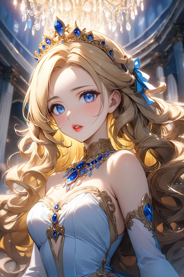 (best quality, high resolution, masterpiece:1.2), Super detailed, Beautiful and delicate lake green eyes, Beautiful and delicate lips, extremely detailed face, super long hair, 1 girl, royal members, Beautiful girl with golden beige hair, (Wearing a royal blue royal costume), see-through chiffon platinum shawl, (gold ornaments), golden and silver pattern, (light blue pattern), (complex pattern:0.5), Lovely, attractive, portrait, delicate eyes, Luminous earrings, Reflective pupil, royal clothing design, see-through detail clothing design, (empty:0.7), chiffon, (see-through chiffon), (lace:0.7), black gloves, Diamond choker, Diamond ring, Diamond hairpin, medieval european castle, Super high quality skin, Real skin texture, super high detail, anime, Realism, 8K, UHD, ccurate