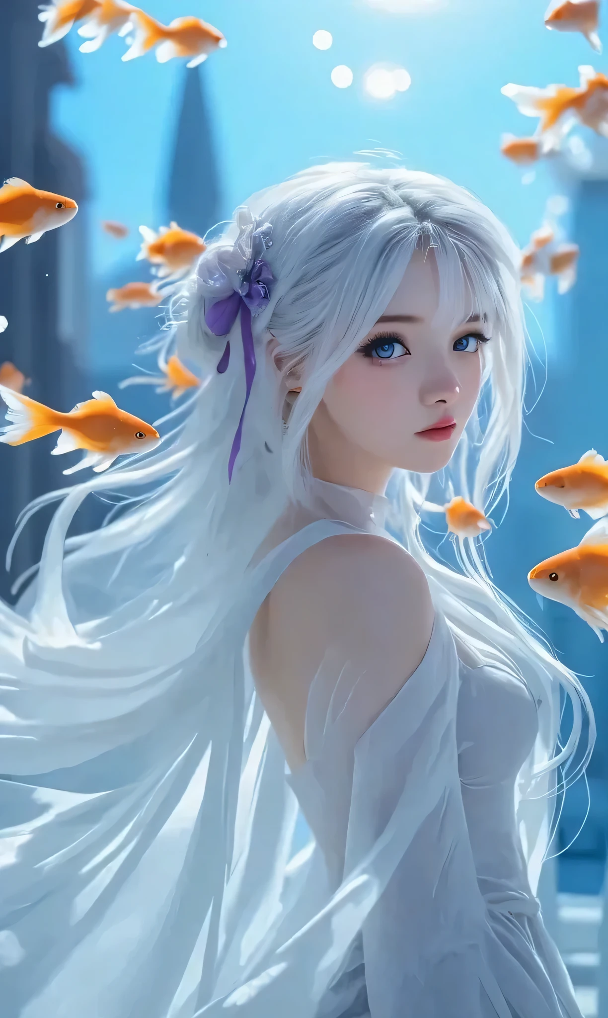 8k，purple eyes，Facial facial features optimization，full bangs，Hair accessory with a white lotus flower and purple ribbon，The dress has purple lace on the chest