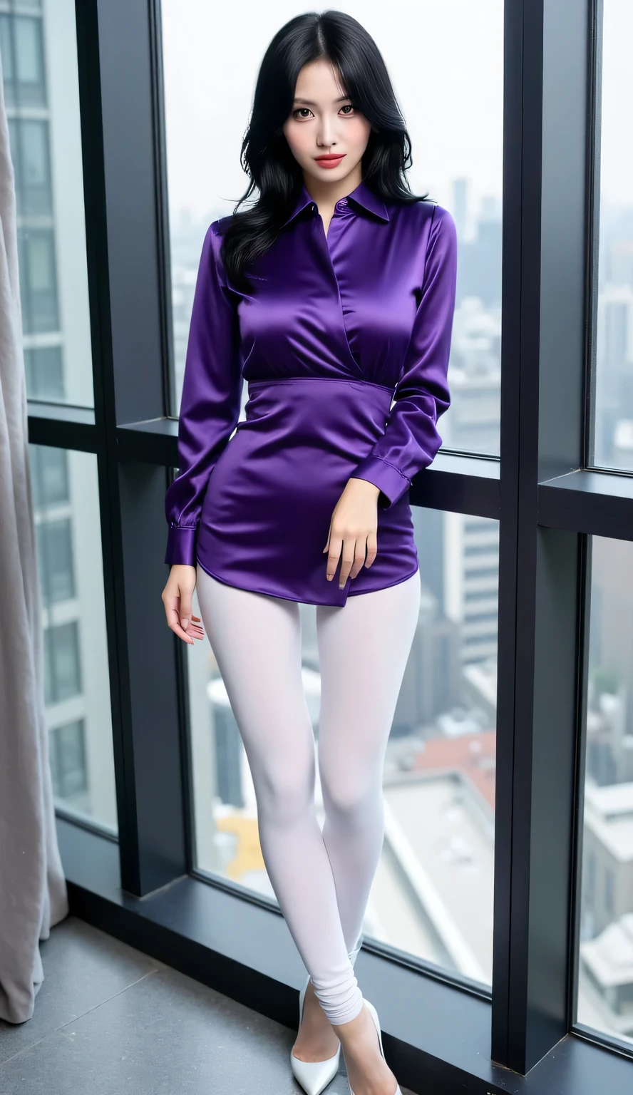 A pretty women, straight hair, slender body, long legs, saggy breasts, casual purple silk shirt, high heels, white long pants, belt, in the night, night at office, full body, seductive pose, standing on the floor, dynamic lighting, dynamic angle, perspective angle