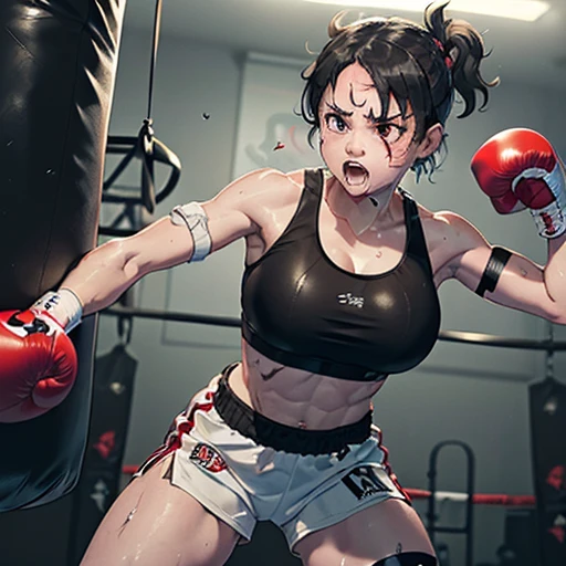 Small breasts. Cute Japanese high school girl with short-cut black hair. She competes in a mixed martial arts ring. She is suffering from a punch hit from her opponent on her poor belly. She is very sweaty, out of breath, both eyes tightly closed, out of stamina, slender body, poor body, poor belly, sports bra, bikini shorts, open finger gloves.