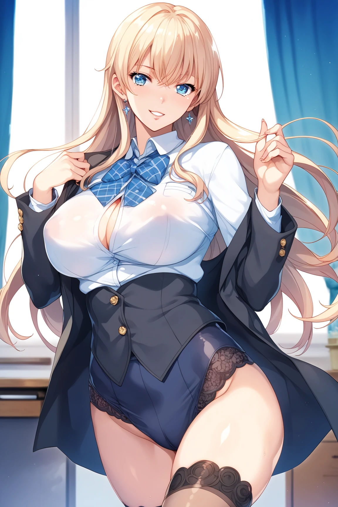 young woman、、High school girls、Blazer uniform、long hair、tears、Beautiful woman、Very thick thighs、Acme Face、Sloppy body、classroom、Sit down and spread your legs、Best image quality、High resolution、masterpiece、super high quality、Thick pubic hair、orgasm face、white lace bra、white lace panties、Small breasts、Very big ass、Blushing、4K quality、Blushing、Cry of ecstasy、Wearing black pantyhose、Sweaty all over、Heavy breathing、Her breasts are bouncing up and down、Low Angle、Cowboy Shot、Shaking breasts,uneven chest、上下にShaking breasts、panties under pantyhose