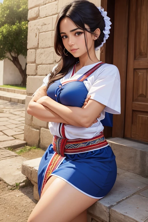 Create an image of a Mongolian girl in traditional clothes with many colorful colors, her face is smooth and her skin is beautiful white, she is wearing a low-cut dress to reveal her big breasts, she is standing outdoors and looking straight at the camera