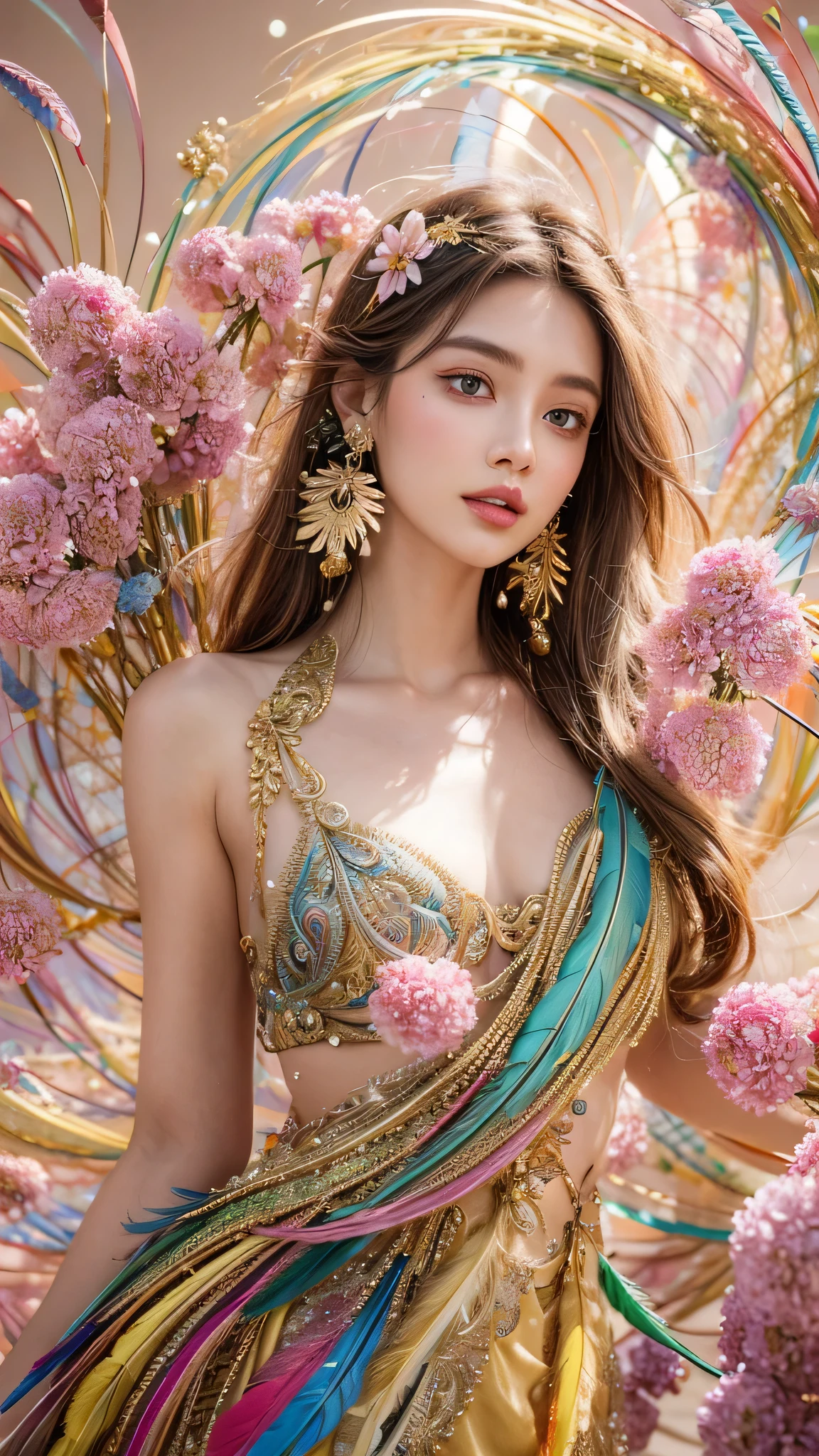 (Masterpiece,Ultra-high resolution, high resolution, 8k, Octane, Intricate details)
The beautiful flower goddess is a mature beauty,A bold composition of flowers and people,Middle-aged woman,The grace and elegance she exudes is unparalleled.,Fractal Art,Skin-covering gown(Covered in beautiful and delicate jewels,Unique)Uplifting,Alphonse Mucha paintings,Blue-eyed beauty,The purifying energy,Beautiful flowers surrounding the figure々