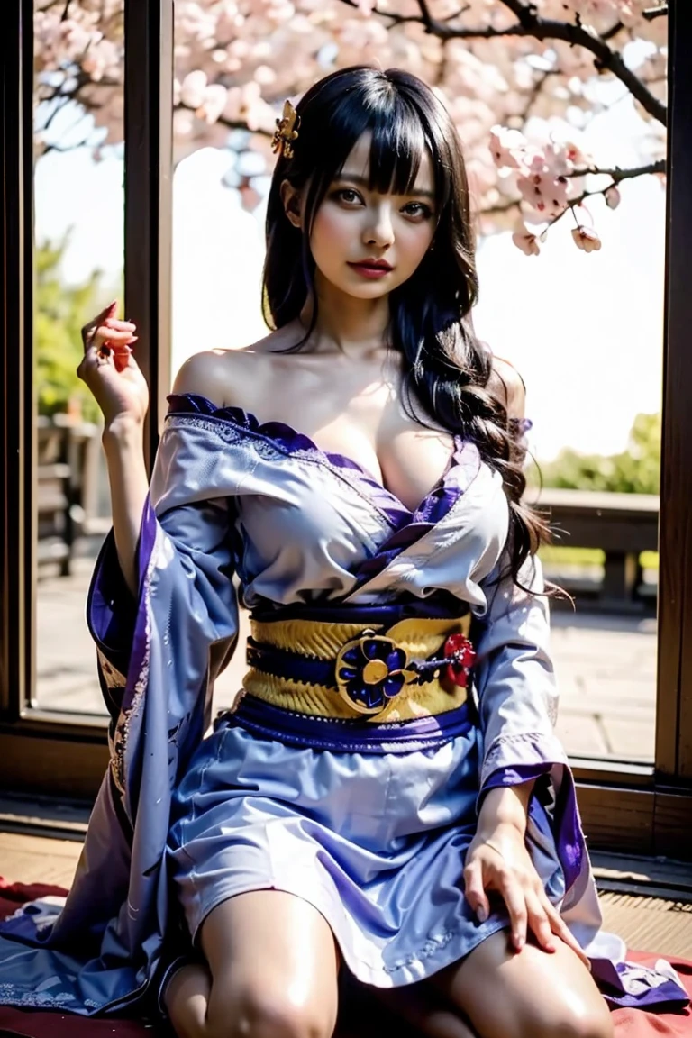 One Woman、Big Breasts、kimono、kimono、band、purple、Japanese、Black Hair、hair ornamentini skirt、blue eyes、bangs、long hair、slender、bra、１boy,