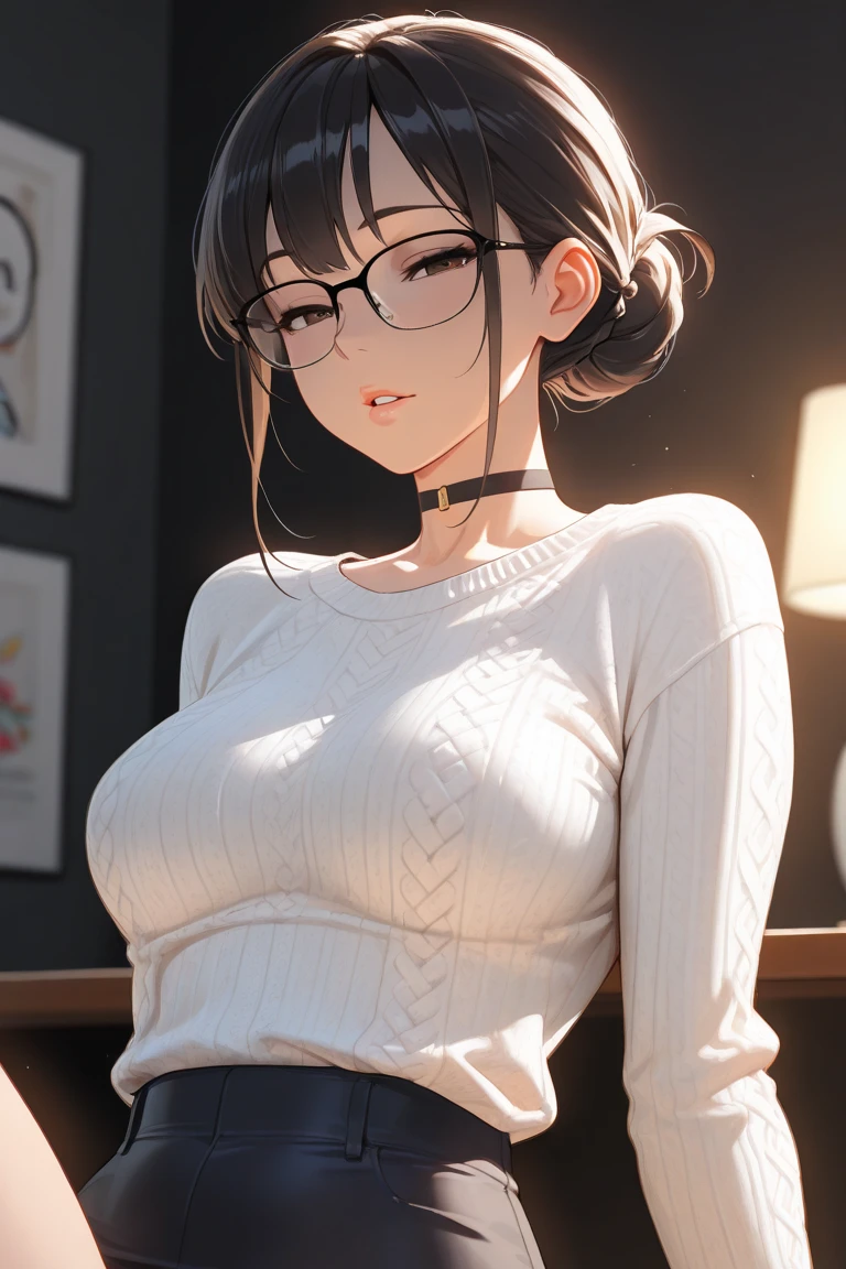 High resolution, Photo details of beautiful women_Face,
Young handsome girl,Realistic:0.5, Perfect Skin, (wears glasses:1.5), (hyper detailed background, Detailed background), Bokeh, make happy expressions, Happy emotions, Gorgeous,pure, beautiful detailed face and eyes,breasts,
(Black eyes:1.1), (Very pretty and beautiful Japan woman), (Sexy Girl), (professional attire:1.3), (22 years old: 1.1),
(Arms Down:1.3), (Sitting:1.5), (Spread your legs apart:1.5),
break
breast, (Yoga Outfit:1.2), (black tank-top:1.2), (Dark Grey Active Yoga Pants:1.2), Insanely detailed costumes, Beautiful detailed skin, (Cute:1.2), ((K-pop idol)), (upper thigh:0.6), (depth of fields),Soft light, Lens Glow
View Viewer, (drooping eyes:1.2), Straight teeth, Smile, Floating hair, Brown eyes,
break
Scenes from the movie, Cinematic, fulcolor, 4K, 8K, 16 K, Raw photo, masutepiece, professionally color graded, Professional Photography,
Hair UP, think, soft clean focus, Realistic lighting and shading, (an extremely delicate and beautiful art)1.3, Elegant,Active Angle,Dynamism Pose
break
(Ponytail:1.3), (shiny black fine hair:1.2), Bangs, dark brown eyes, Beautiful eyes, Princess Eyes, (Big eyes:1.3), Bangs, wears glasses:1.3, hair between eye, Short hair:1.3, (slender:1.1), (medium breasts:0.95), (thin waist: 1.15), (Detailed beautiful girl: 1.4), Parted lips, Red lips, Full makeup face, (Shiny skin), ((Perfect female body)), (Upper body image:1.3), Perfect Anatomy, Perfect proportions, (The faces of the most beautiful Korean actresses:1.3, Very cute and beautiful Japan actress face:1.3), (1 Girl with Glasses:1.3, Solo), (blush:1.1), Gray background, Solo Focus, (bustshot:1.2),
Cinematic Light, (Nostalgic night view:1.4), (yogastudio:1.4), (Yoga Gym:1.4), The vivid glow of neon lights, (Looking at Viewer:1.2),