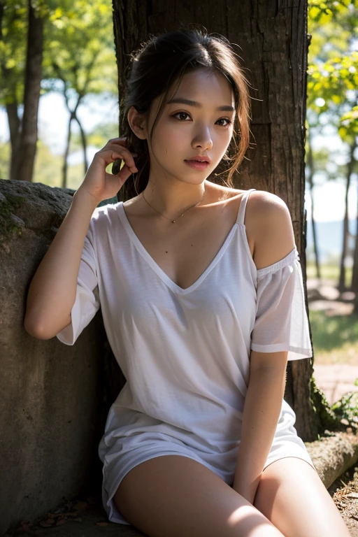 (8K, RAW photo, highest quality, High resolution:1.1), (hyperrealistic:1.4),(realistic, photorealistic:1.3), soft light,realistic face,realistic body,realistic skin,disorganized,masterpiece,(cute:1.8),(leaning forward:1.8),(From above:1.2),(close:1.4),crawl on all fours,throw,( Detailed colorful loose fitting t-shirt:1.2),(Beautiful breasts:0.9),(long hair,ponytail),(big:1.2),cleavage,fine black eyes,innocent eyes,droopy eyes,Watery eye,open lips,blush,good style,colorful lights,film Grain,close,look viewer,full Body,Depth of field, blurred background,Eye focus,young,85mm lens, f/ 1.4,professional lighting,portrait,photon mapping,radio city,Physically based rendering,Transparency,japanese girl,forest with sunshine,Sunny,outdoor