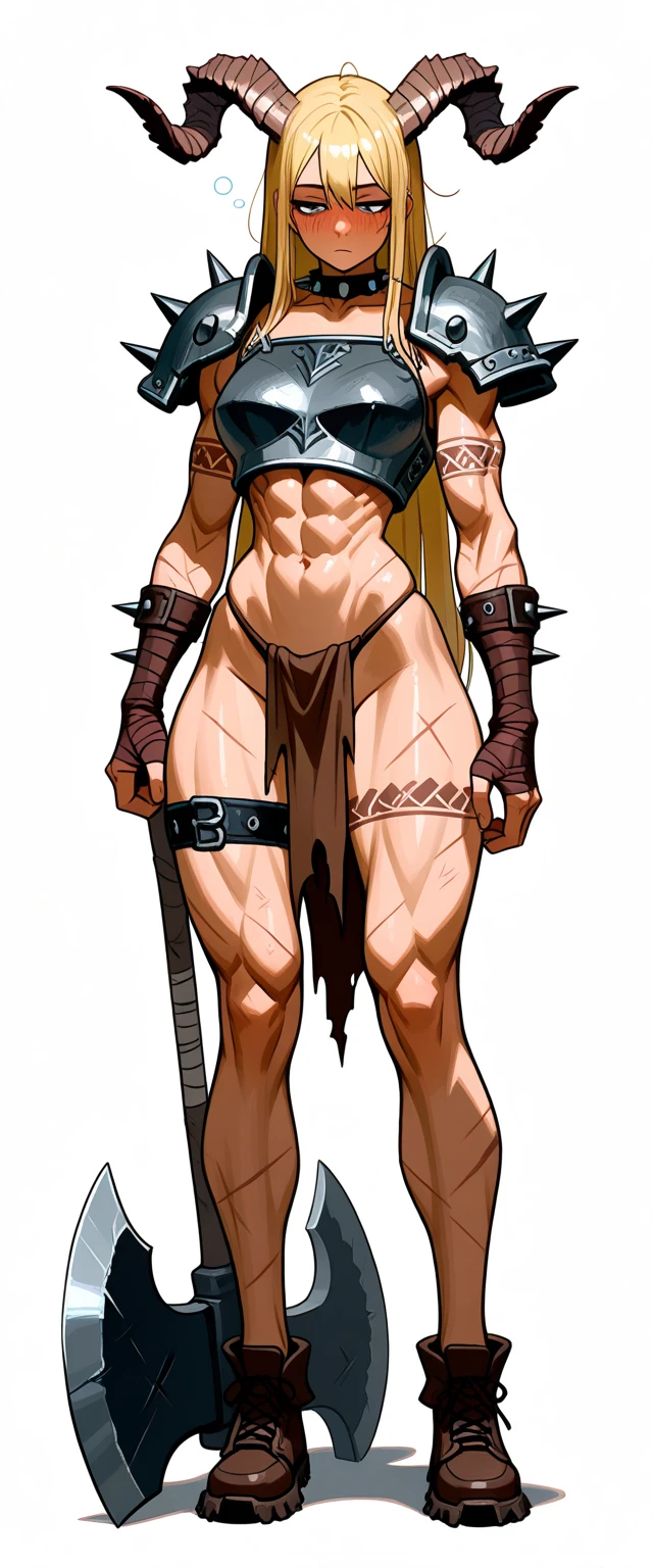 full body standing looking to the camera, funger, very detailed illustration, 1girl, big breasts, high res high quality, masterpiece, looking at viewer (knight) orange hair, absurdness, ultra-detailed, short hair, black bikini, abs, big knockers, tatter rags, chain collar, stomach tattoo (red tattoo)