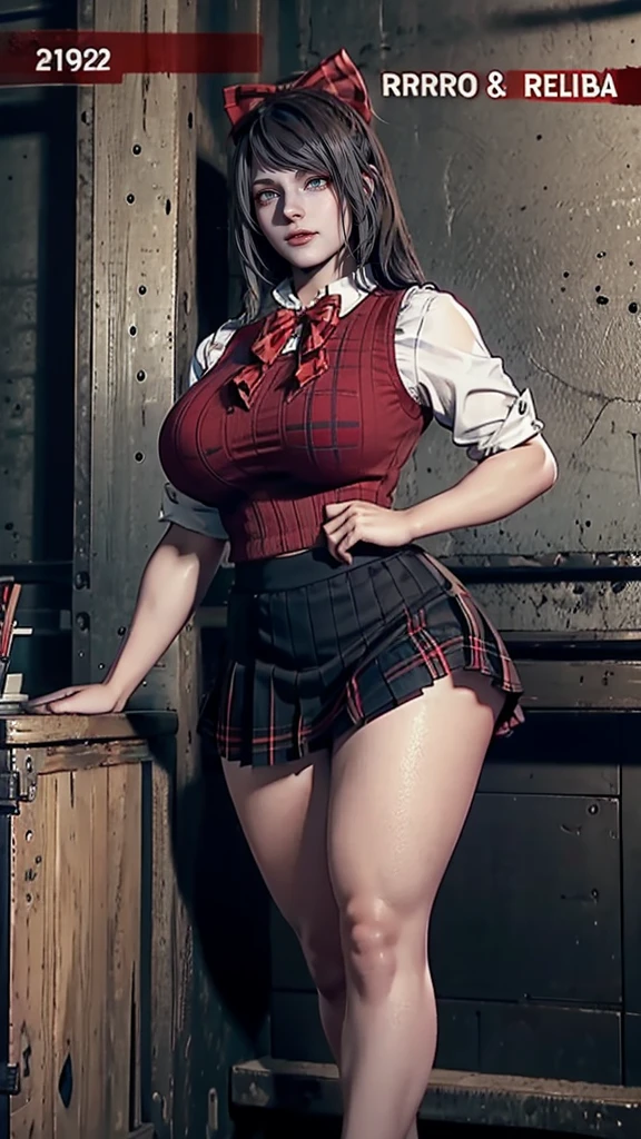 Goth girl student With schoolgirl outfit Wearing a plaid Mini skirt Short t-shirt showing her belly Short messy black hair Wearing dark makeup Light skin Slim body and With curves Defined, With hands on her waist Hyper realistic 8K photo Full body Scenery in front of a school Wearing a cleavage Medium and perfect breasts, real truth, photo real, --auto --s2