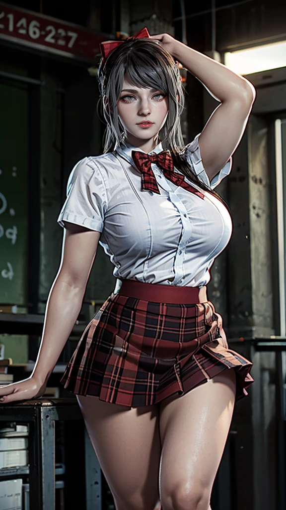 (masterpiece:1.2),(best quality),(ultra detailed), (8k, 4k),(realistic:1.2), (realism),(highly detailed:1.2),(detailed face:1.2), (detailed eyes:1.2), ultra-detailed, detailed hair, shiraki meiko, glasses, hair bun, (cleavage), (white hair), meiko 1girl, solo, a woman in a short skirt and boots is holding a cane, skirt, thighhighs socks, school uniform, hyperrealistic school girl, cleavage, sweat, choker, black thighhighs, cum, big breasts, curvy body,((dramatic lighting)), sharp focus, indoors, prison, dark, wet, sunbeams, from above, (dynamic pose:1.2),(detailed background),(full-body-shot:1),(Line of action:1.2), sfw, ((SFW)),