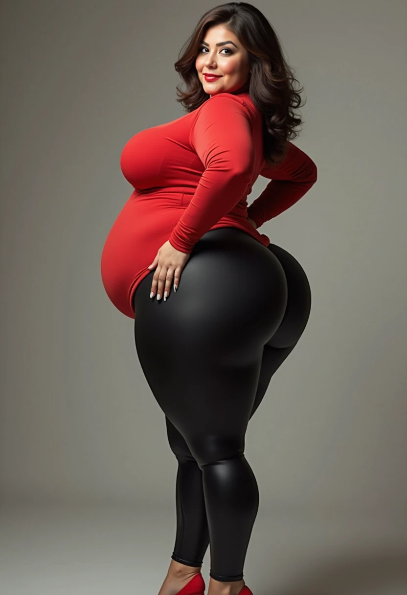 Latina woman, long brown hair, tan-bronze skin, plus size milf body, chubby figure, chubby face, attractive face, mascara, red lips, beautifully detailed eyes, carefree smile, confident expression, walking down the streets of Miami, looking at viewer, (wearing red tank-top, shiny black leggings and golden bracelets), wide hips, large thighs, beautiful thick female, thick thighs, she has a jiggly fat round belly, she has a wide load butt, walking down the streets of Miami, best quality, cinematic lighting, detailed background, soft volumetric lights, intricate details, (intricate details:0.9), (HDR, hyper-detailing:1.2), (natural skin textures, hyper realisitc, Sharp), Photos in RAW and 35mm format.