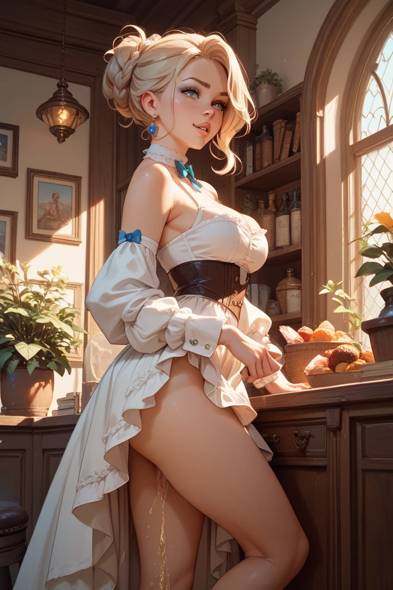 Masterpiece, best quality female, (French),(small breast), (very long curly orage volumetric hair:1.33), (white crinoline inside with orange corset outside:1.33), (long orange skirt:1.33), flat headband, (detailed beautiful hazel eyes:1.33), detailed blush smiling face, slim body, perfect anatomy, very cute, dynamic pose, showing some leg, perfect shading, dramatic lighting, rendered in 8K resolution for high-quality detail, trending on art station, concept art, smooth, sharp focus, in a saloon, highly detailed, soft natural volumetric, cinematic perfect light, intricate details