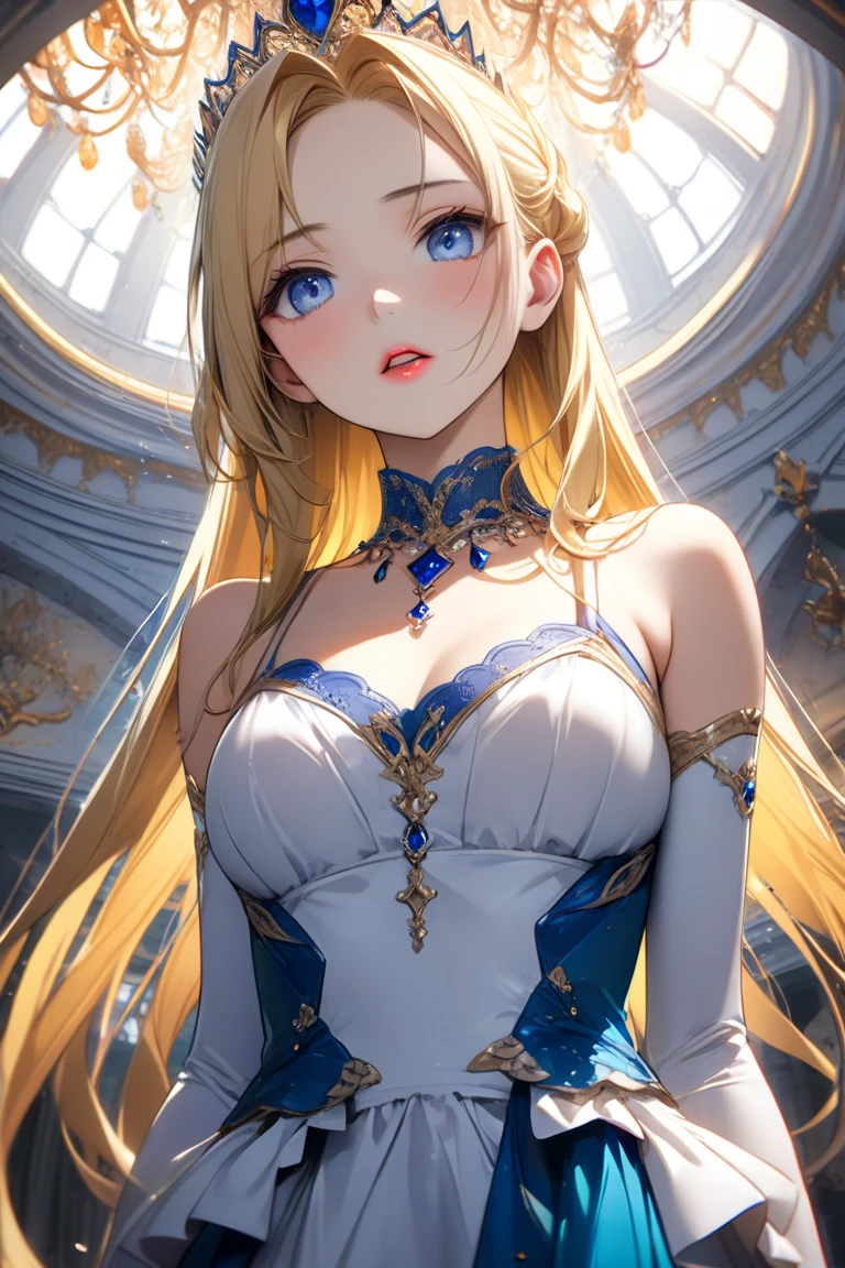 woman, blue eyes, muscle shape, long golden hair, in a palace hall, in the middle of a Victorian party, , 4k, beautiful, Victorian blue dress,