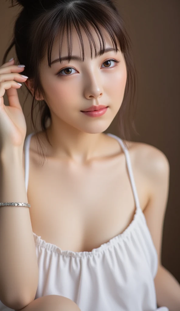 (Highly realistic photos, High resolution, Detailed face, Beautiful Eyes), Photographed in front of a white wall、Japanese women, 40 years old, Serious expression, alone:1, , ((ponytail、Updo, short hair)), White skin, light makeup, Chest 40 inches, Ample breasts、naked、Serious expression、White wall background, Upper body portrait, 超High resolution、Bright white light illumination