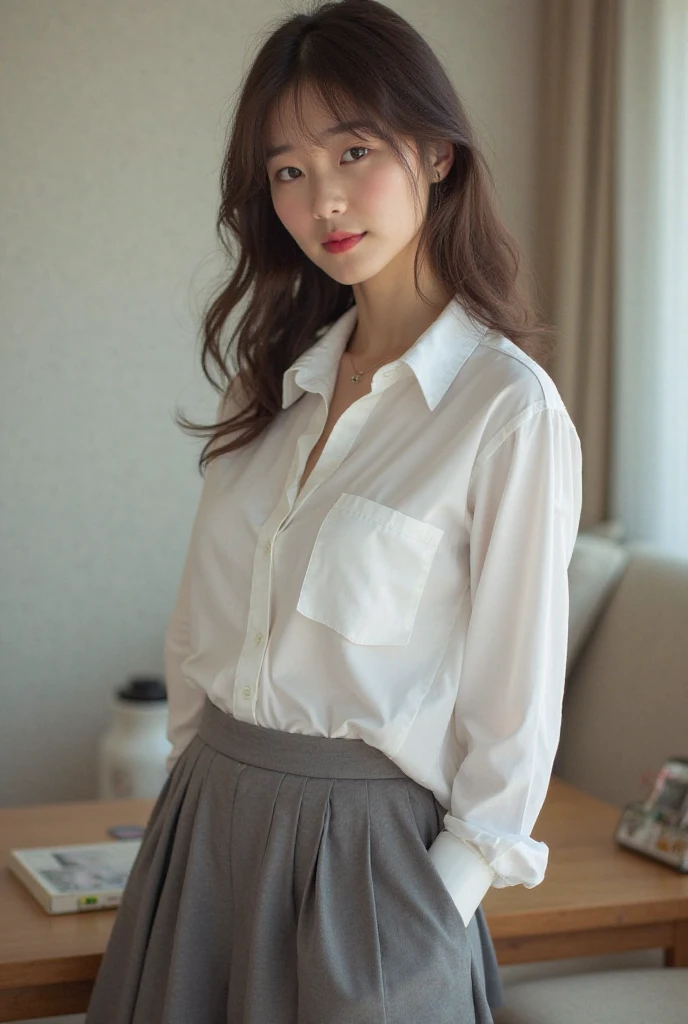 8k, RAW photos, top quality, masterpiece: 1.2), ultra detailed, super resolution, (real, real photos: 1.37), portraits, high-definition RAW color photos, professional photos, very detailed and beautiful, very detailed, 8k wallpapers, amazing details, huge file size, official art, highly detailed CG Unity 8k wallpapers, highly detailed beautiful girls, highly detailed faces, Highly detailed eyes, very detailed skin, highly detailed fingers, very detailed nose, highly detailed detailed mouth, perfect anatomy, highly detailed background, very detailed clothing, one girl, cute girl, famous Japan idol, cute, realistic body, petite, white skin, radiant skin, slim body, (blunt bangs: 1.2), smile, cute, youthful, cute face, realistic face, delicate eyes, sagging eyes, skirt, camera gaze, contrappost, high street, public, crowd, dynamic lighting, very big, high school, classroom, teacher, medium brown shorthair, (((viewer view: 1.1)), shy, window, ((Standing in classroom)))), suit, tight skirt, (simple white blouse), cowboy shot, ((lift skirt by lift skirt by myself)), (((showing panties))), (frilled panties), (legs open))), white panties, open chest clothing