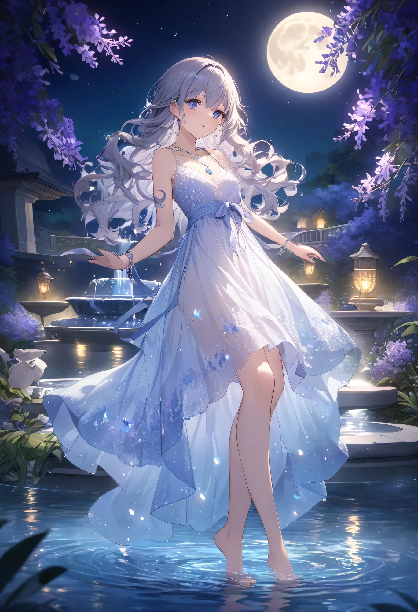 of the best quality、high resolution、high image quality、masterpiece、detailed background、fantastic、Aim for the Moonlight Fountain 、night、With the full moon shining、As the girl plays in a clear spring, the moon reflects on the water and flickers.、It's as if she's playing with the moon、white、Pale Blue、Lavender or other color、A dress with small stars or drops of water embroidered on the chest or skirt、A sheer chiffon dress in a gradient blue or silver、Bare feet and thin ribbons around her ankles、A crystal necklace that looks like a drop of water、Loose, fluffy wavy hair、月nightの水の妖精、beautiful