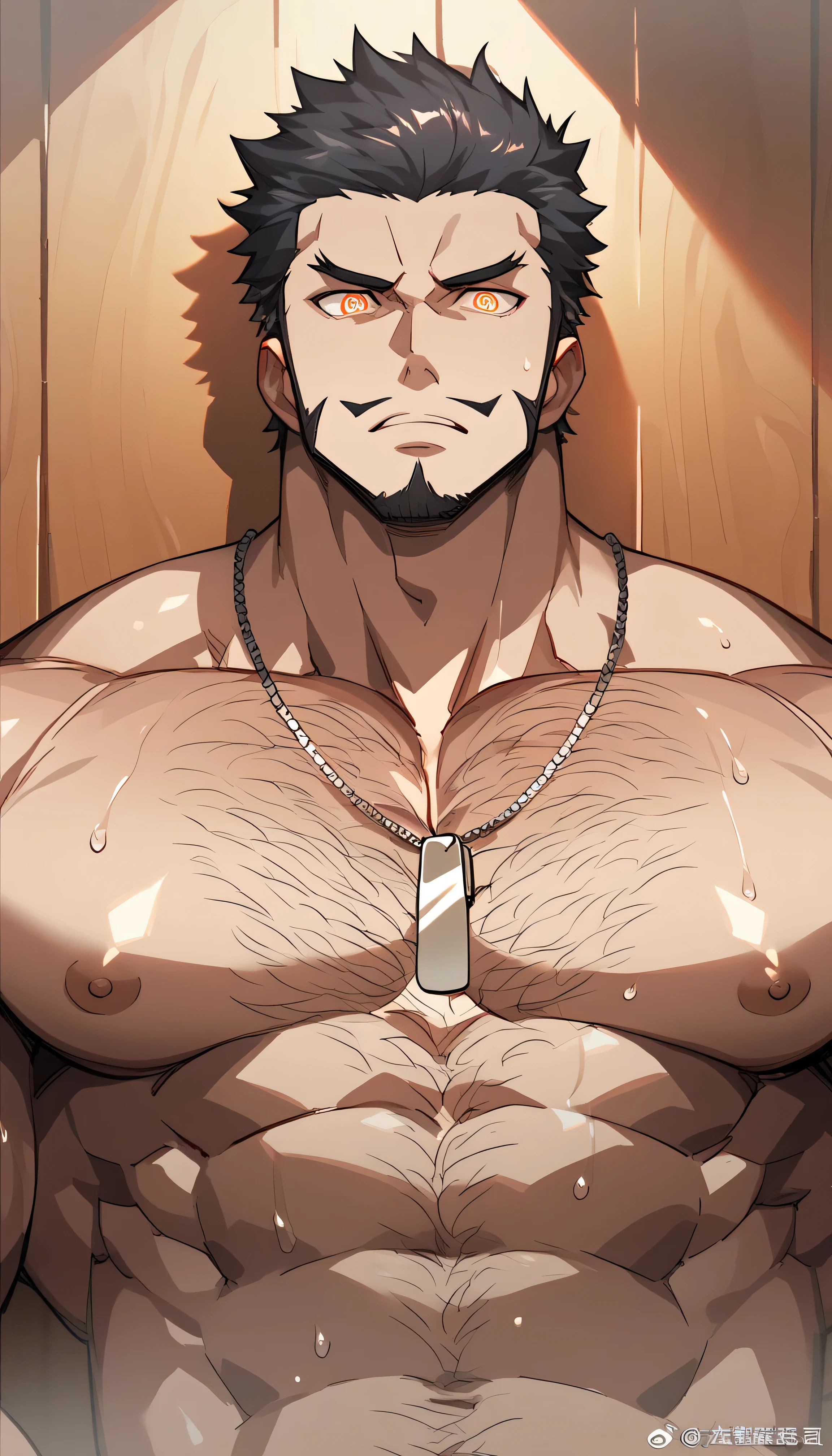 Dracule Mihawk, black hair, shirtless, dog tags, drool, muscular, muscles, broad shoulders, massive pecs, hairy chest, sweaty, glowing spiral in the eyes, blank expression, vacant stare, hypnotized, brainwashed, focused, High Resolution, sauna, solo