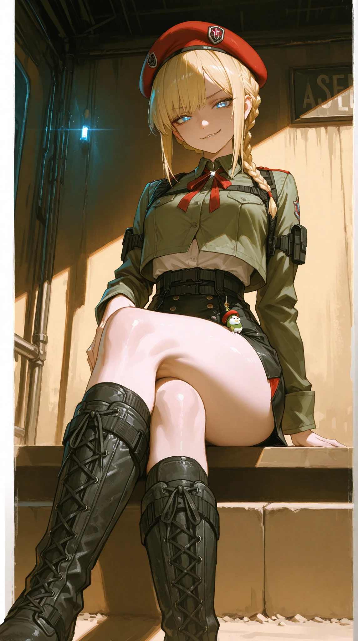 masterpiece, best quality, girl, red eyes, blonde hair, medium hair, messy hair, medium breasts, military uniform, green dress, black pantyhose, (factory ruins:1.1),indoors,(railroad tracks, ground vehicle), <lora:factoryRuins_v10:0.5>