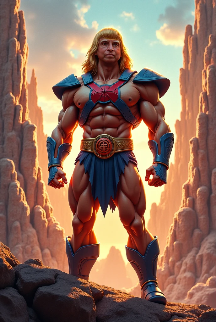 ((1boy)), hair with straight hair texture, muscular,thick arms, thighs, sweat dripping, detailed, full body, real texture, ((masterpiece)), ultra-realistic, ((highly detailed:1.3)), he-man standing on top of a mountain, blue sky with clouds, bright sunlight, natural lighting, dynamic pose, dynamic angle,