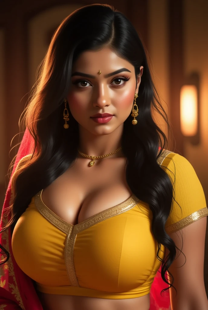 Sexy and cute woman, big breasts, sexy cleavage, black curly hair, braids, low neck revealing yellow blouse, dark red saree