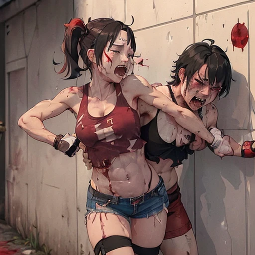 A match between two beautiful high school girls mixed martial artists。Covered in blood、Covered in wounds and in a bad shape。Grabbing the opponent's body and punching。fighting violently。Suffering from damage。Mouth open and dripping blood。Facial swelling。Bruised body。With one eye closed, it seems painful。Fighting inside the Octagon。I'm soaked in sweat。Ripped and tattered sports bra and bikini、Open Finger Gloves。Erect nipples。Short black hair。