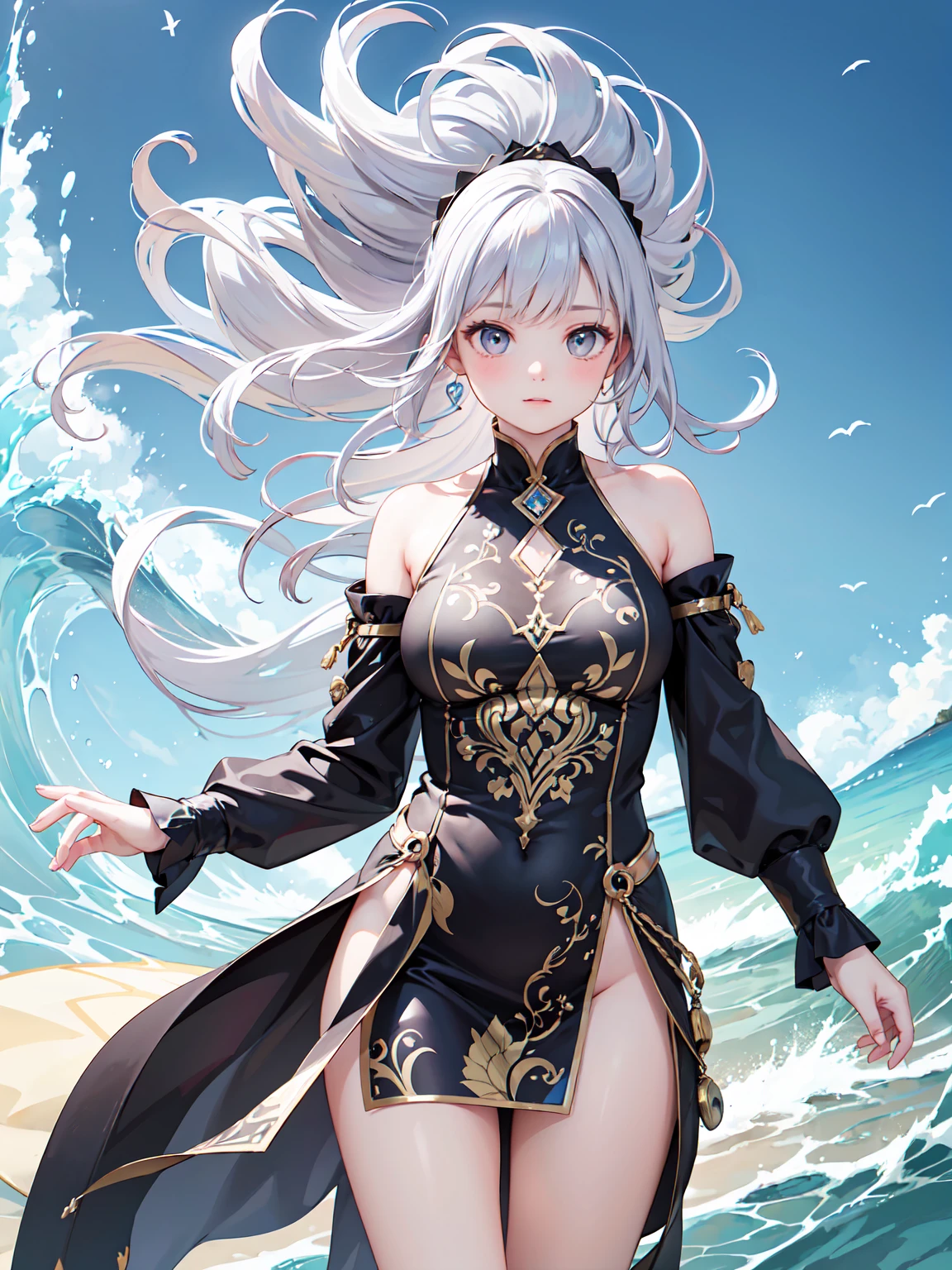 (masterpiece)、(highest quality)、((Super detailed))、(super delicate)、cute、Pastel colors hair、beautiful breasts、Gorgeous、fantastic sea of stars、Golden, silver and purple cheongsam