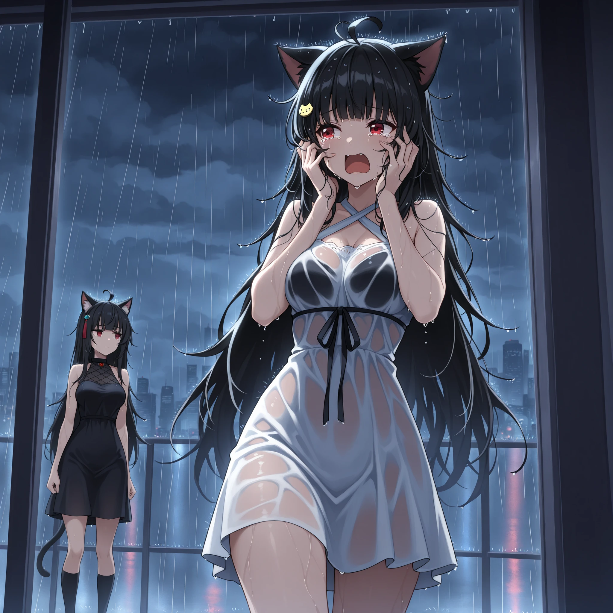 masterpiece, center, very detailed,cityscape, city, (night:1.2), (dark:1.2), rain, heavy-rain, storm, cloudy, a chic, ((cat girl, cat black ears)), (red eyes), (long hair), (( black hair, (Ahoge), straight bangs,)),
, Medium breasts, looking at the spectator, socks, disappointed , crying, screaming, cowboy shot, wet, wet hair, wet clothes, (looking away:1.2), white halter dress, dress, messy hair, squint, hands in your own face, hair ornament