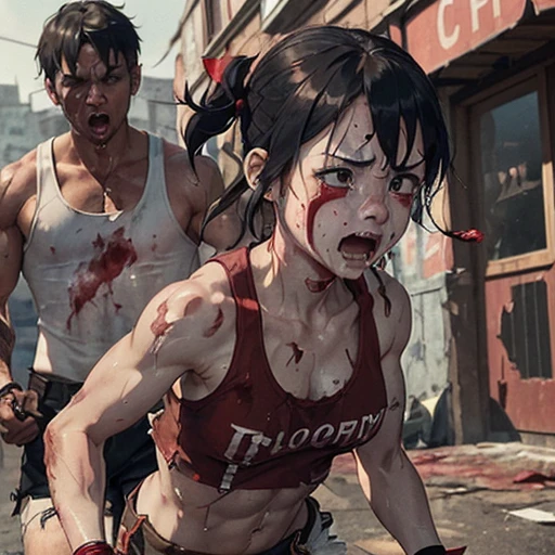 A determined, muscular woman with a determined expression, is in the midst of a fierce struggle against a decaying, grotesque zombie. She is lunging forward, knife raised, aiming for the zombie's head. The zombie, with a gaping maw and exposed brain, is reaching out with clawed hands, trying to grab her. Dramatic, low-light setting, gritty urban environment, rain-slicked pavement, neon signs in the background, detailed character expressions, realistic gore, cinematic lighting, 8k, hyperrealistic.