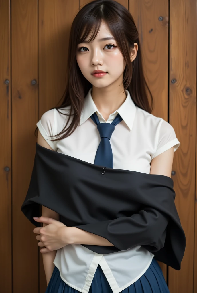 The eyes of a beautiful Japanese teenage girl, wearing a white long-sleeved blouse and navy blue skirt, the designated by her Japanese high school, pointed at me with an angry look on her face. Focal length 100mmf/2.8, spring night, living room on the upper floor of a high-rise apartment, well-shaped face, strong emotional expression, toned body, white long-sleeved blouse of Japanese high school girl's , navy blue skirt, eyes closed to the maximum. Close-up, immersive, 8K image quality, highest quality.