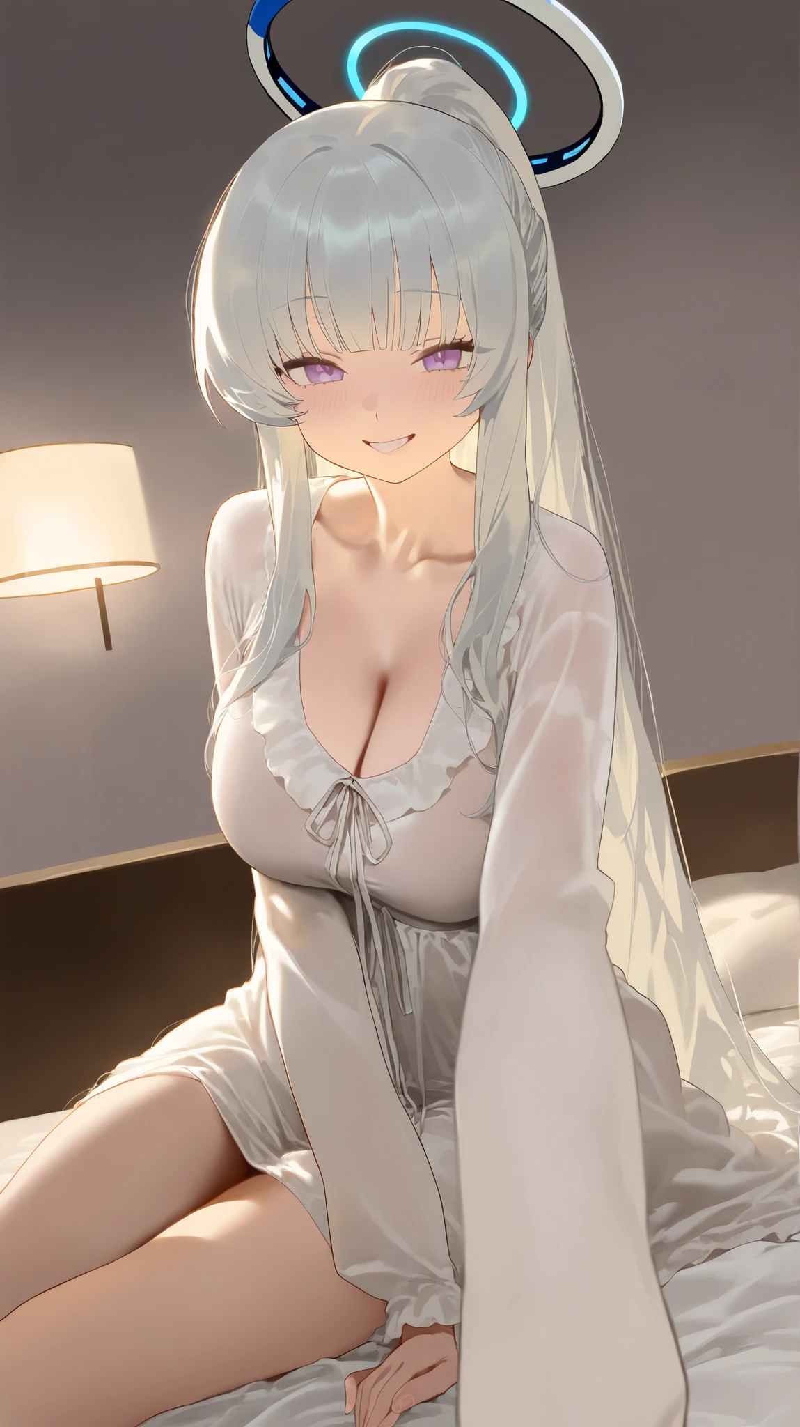 (Best Quality, Masterpiece),sexy, erotic, 18+, nsfw, 1girl, 18 years old, Contempt, pride, long silver hair, sleeping, eyes closed, ((white dress)), ((two ponytails)), bed, pussy