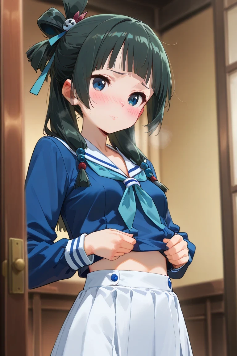maomao, Mao Mao,cute,(of the best quality), (8k, high resolution),  (very nice), ( anime art style ), , girl, Features, dark green hair ,  gentle blue eyes, Complicated Hairstyles, long hair, , (slim figure), (small breasts),(side),   hair spread slightly to the side, from below is shy、blush your cheeks、wearing a sailor suit and skirt