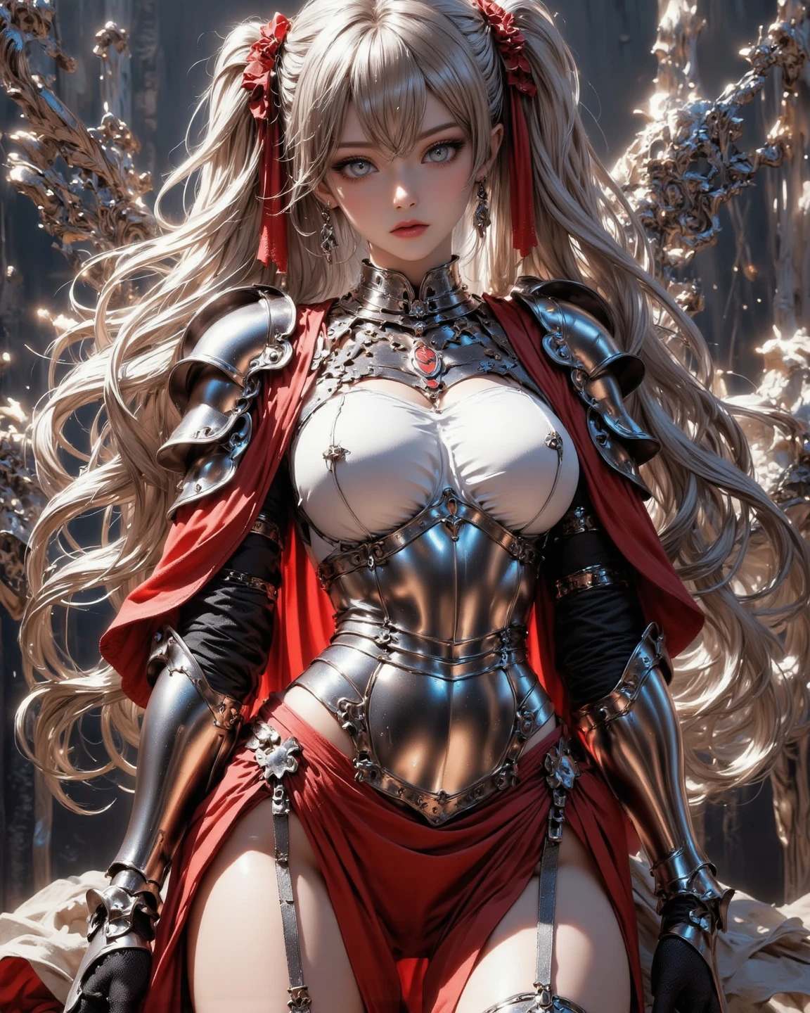 ((((Jennifer Connelly)))) as, Voluptuous, White-Haired Female Dark Knight in ((((Black Full Metal)) Heavy Bikini Armor)), Red Eyes, (Thigh high Full Metal Armored Boots). (((Full Body View))), Long hair, Messy bun, (Red Cloak), (((Red Pleated Skirt))), detailed, perfect makeup, beautiful lips, large hoop earrings, (METAL bikini armor), No Helmet, (No Spikes), (Tall girl, Long legs), (Solo, 1girl), (Masterpiece, Detailed, 4k), perfect face, perfect lips, perfect makeup, dark eyeshadow, Unreal Engine 5, (Full Body Portrait), absurd resolution, high resolution, sharp image, vibrant colors