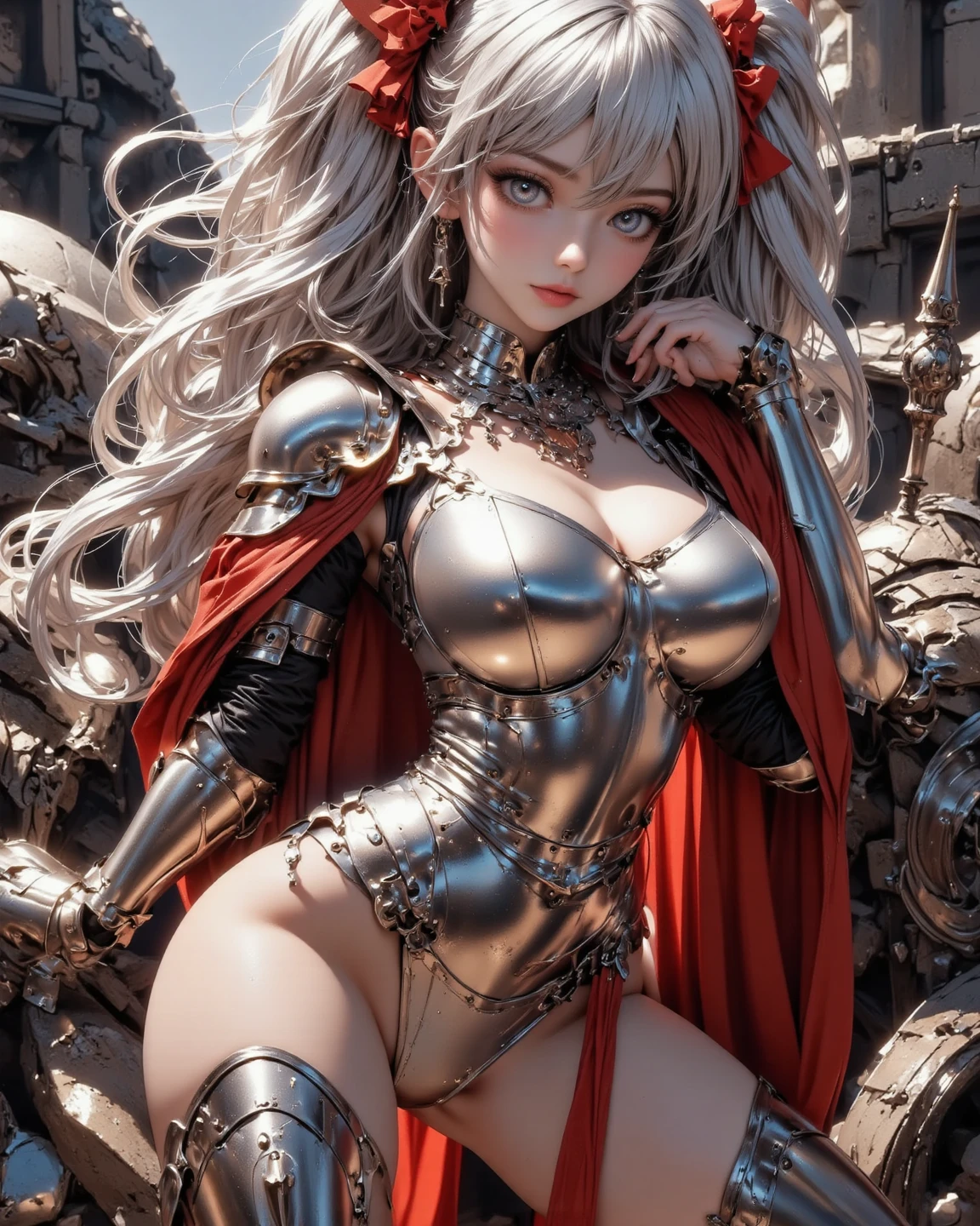 Princess, armor dress, full armored, metal armor ,((long-skirt)) , high slid,armored corset, cloak, thigh high, round belly, pregnant, open legs,armored boots, huge belly, multiple girls, skinny girls, orgasm, sweat, steam, standing, open legs, steam punk, pussy juice ,love juice, nsfw, armored hip 