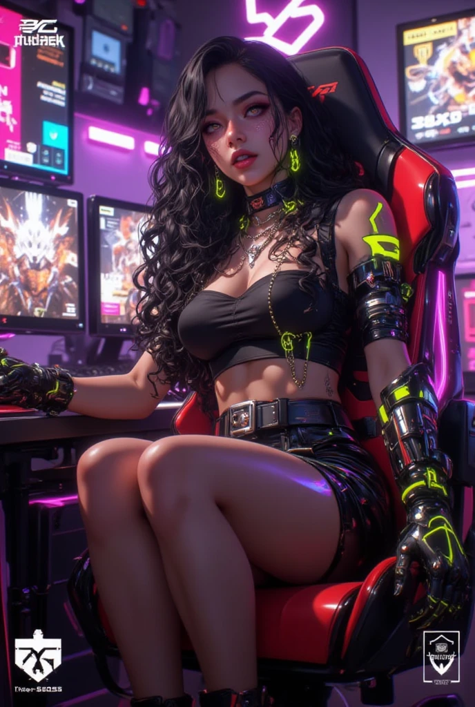 Vladisava Galagan 25 anos, black hair, as a bodybuilder cyborg with bionic parts in your body, cyberpunk swinsuit, pink-white-lime green, reading a magazine leaning on your crossed legs on the futuristic chair, futuristic lab, blueprint, photostudio composition, digital art, illustration concept art in the style of Artgerm and Adam Hughes