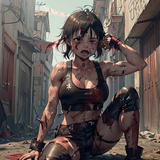 (((Good face, good eyes, pretty face, Good mouth, Good nose))), ((((stomach, Nice belly, thin, shades, Nice navel, the ribs)))), ((((perfect anatomia)))), ((animemanga girl, Japanese cartoon)), detailedbackground, A high resolution, offcial art, (tmasterpiece, Best quality at best, absurd res), ((((1个Giant Breast Girl, Alone)))), ((extreme hight detail)), (ultra - detailed), (ctextured skin), (((Very clear))), Best quality at best, tmasterpiece, A high resolution, Angry, contusion, Bandaged arm, bandagens, Adhesive bandage, Band-aid on cheek, Put a band-aid on your face, Put a band-aid on the nose, exposed bare shoulders, cosmetics, Medium hair, with gray hair, low ponytail, eBlue eyes, arm tattoos, chest tattoo, Abs, musculous, Muscle woman, choker necklace, halter neck, jewely, Black belt, belt buckle, Black pants, Black gloves, Fingerless gloves, Collar, Chopping, Crop top, vests, White top, Naked arms, exposed bare shoulders, arm guards, looking at viewert, with her mouth open, teeth, bloods, bleeding from mouth, perspiring, battlefiled, 废墟, Outdoor activities