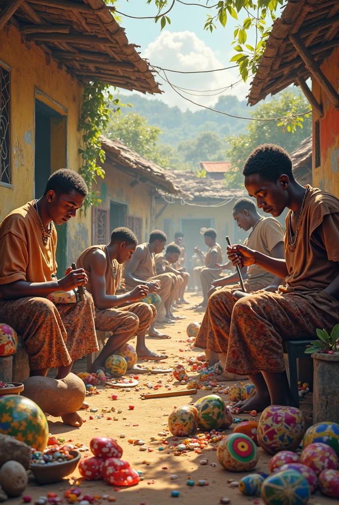 Three ancient indian young man cutting cow skin into thin thread