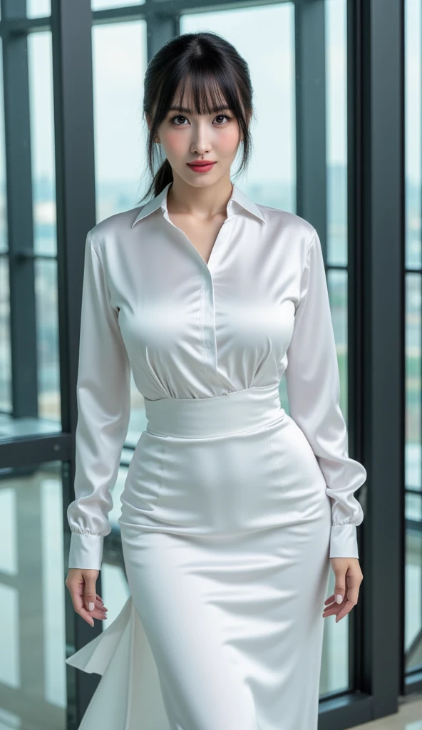 ((photograph))、((real photo))、mature adult woman、High resolution、((highest quality,8k,masterpiece))、((Full body shot 0.85)) facial portrait, gentle smile、 ((pale lipstick)), sensual, ((Very big breasts 2.3))Medium Hair, black hair, tied her hair in a bun, formal wear, ((white blouse)), gray tight skirt, Glasses, chubby woman,living room at home、