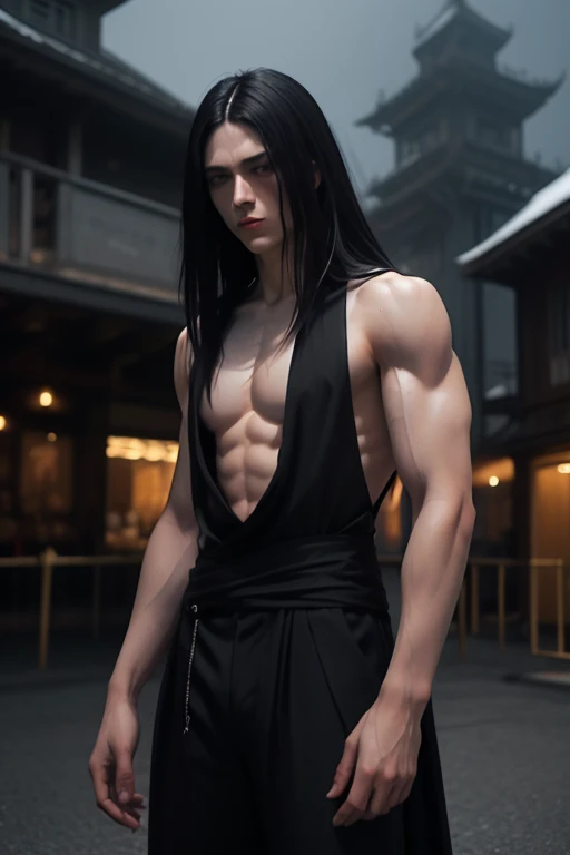 masterpiece, best quality, handsome Asian 30 year old, fair skin male, long dark hair, perfect face, chest abs, full body tattoos, long hair, yakuza tattoos