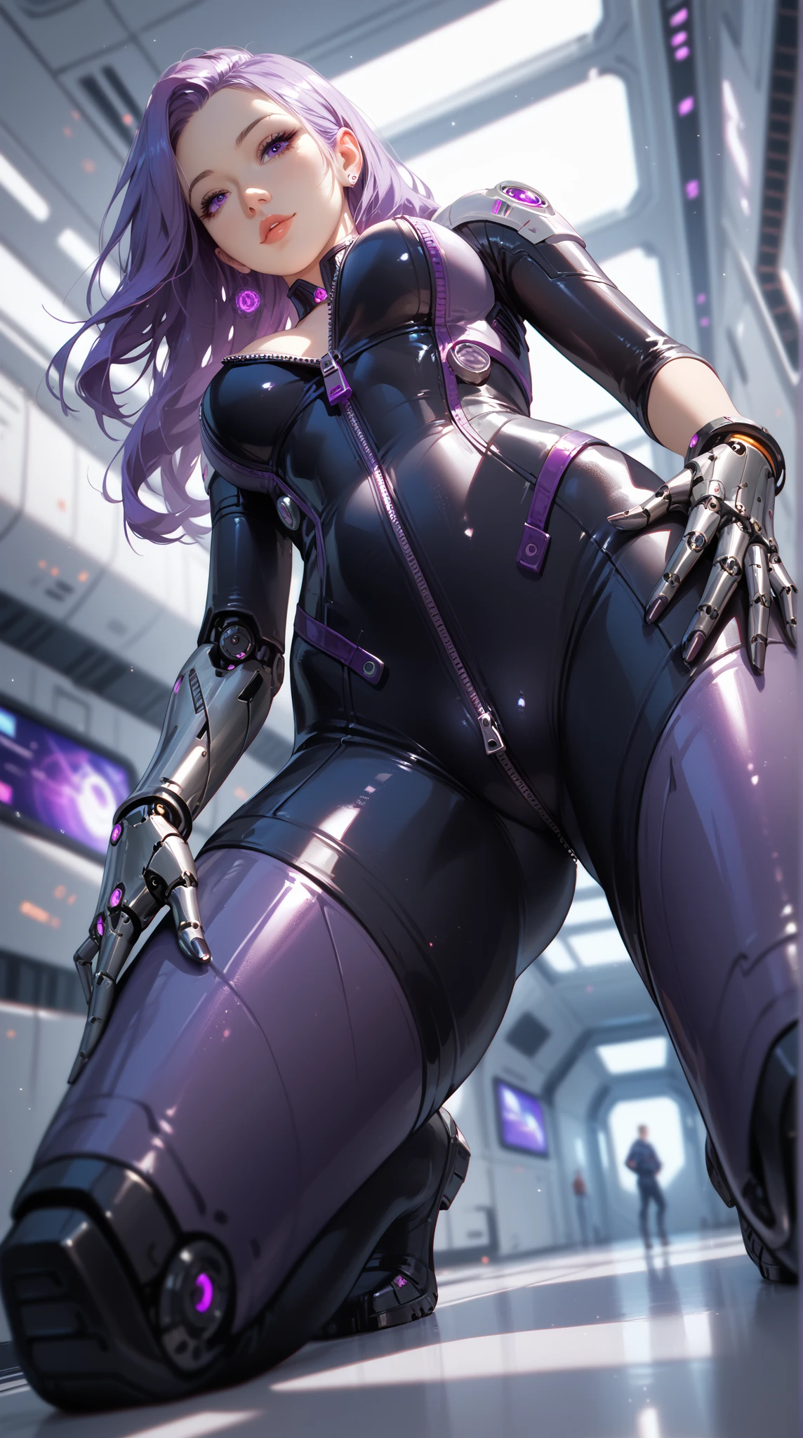 ((Ultra resolution image)), ((HDR MORE)), ((ultra realistic modeling)), high resolution, ((8K)), tall woman, 18-years old, wet pink lips, medium breasts, medium hips , thick-thighs , base ( Sonia Blade Mortal Kombat ), cyberpunk clothing, Neon Blue Mask , wasteland , sweaty skin
