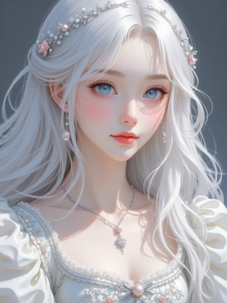 There is a woman in a white dress holding a music box, artwork in the style of Gwaiz, Gwaiz on pixiv artstation, Gwaiz on artstation pixiv, Gwaiz, Fantasy art style, Gwaiz masterpiece, Beautiful and elegant queen, Beautiful character drawings, Detailed digital anime art, Blonde Princess, Gray Hair, Sky blue eyes, Pink Lips