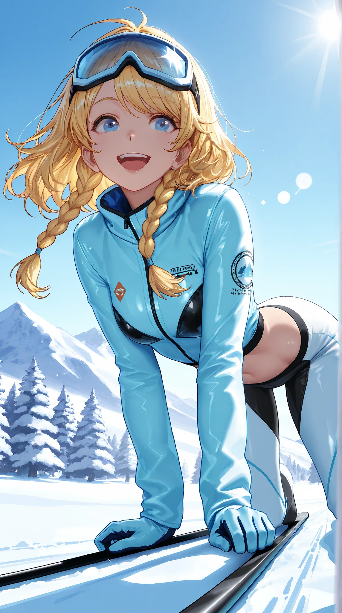 best quality, masterpiece,  <lora:kurosu_gatariv3-10:1>, solo, 1girl, large breasts, on_back,Ski Suit