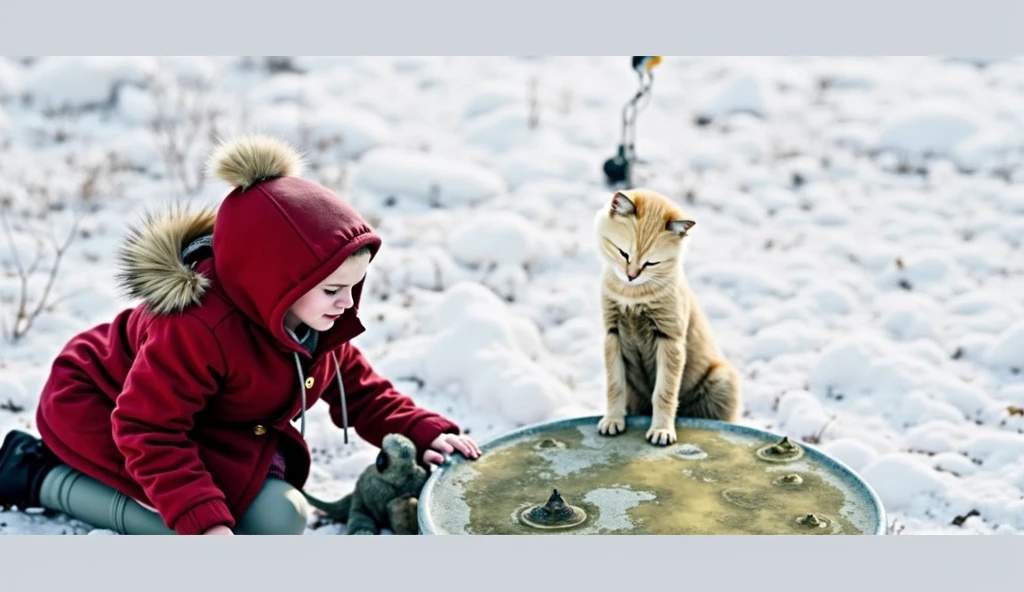 Girl and cute kitten with round eyes, Ice skating at the ice rink.