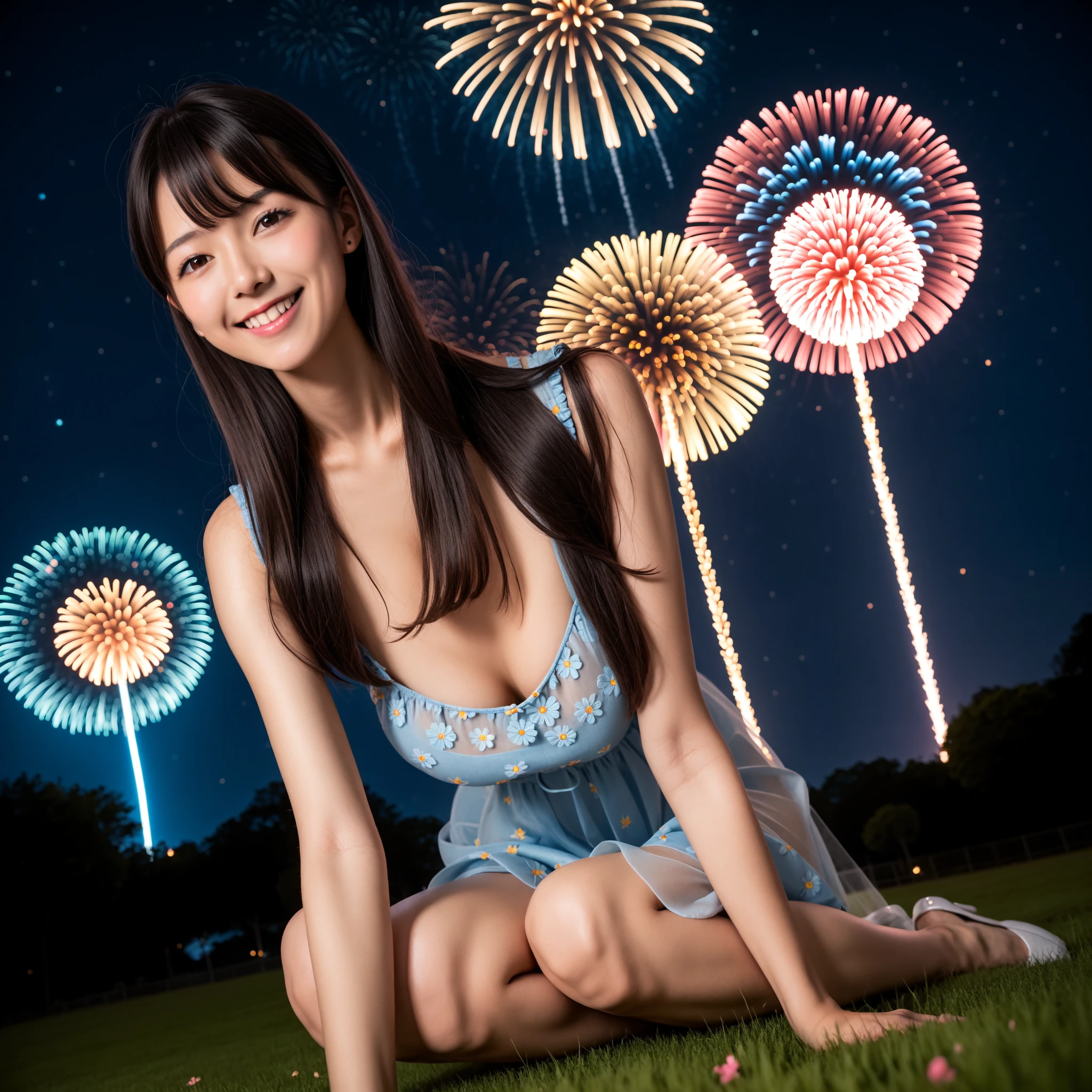 ((highest quality)), ((masterpiece)), (detailed), Perfect Face,One girl, wearing Pink kimono, Length 35cm above the knee、kimono,Pink kimono, Floral print, The audience watching,close,from_back:1.2,festival, yukata, Traditional Costume, Hair Ribbon, Sandals, Outdoor, Cityscape, smile,night, Colorful fireworks background,lanthanum, Colorful fireworks bursting into the sky:1.6, summer, Japanese Culture, [Cinema Lighting:0.8],Realistic:1.3, scenery, japanese festival, 街のscenery, Happy, joy, Festive mood. (masterpiece), (highest quality:1.2), Absurd, [:複雑なdetailed:0.2]、((Nipples:1.3)), (((Showing panties、Skirt flip、)))、((Lean forward and spread your legs)),
((後ろ側より少し下fromのカメラアングル))、